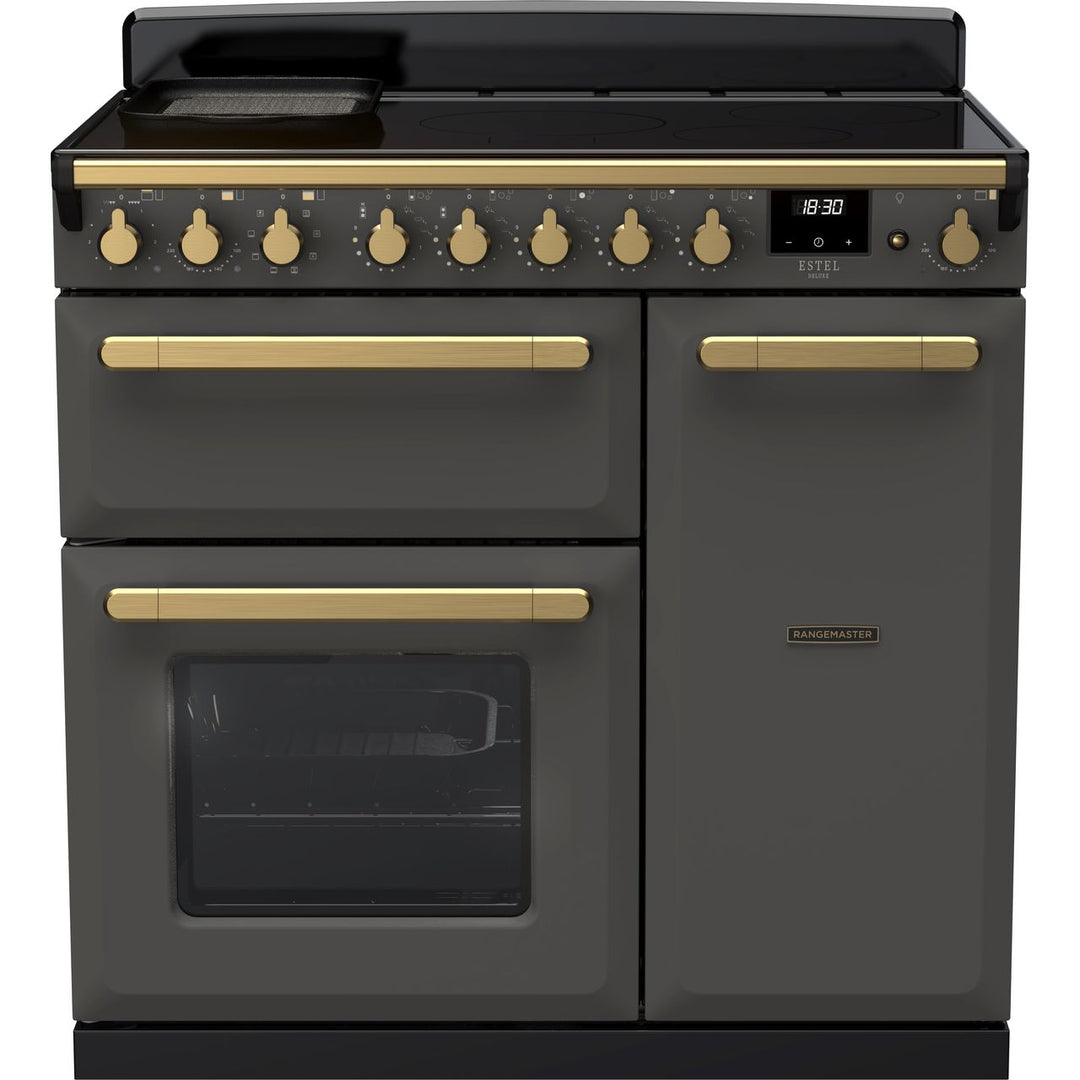 Rangemaster Estel Deluxe ESDL90EIPSLT/AB1 90cm wide Electric Range Cooker with Induction Hob - Slate / Antique Brass