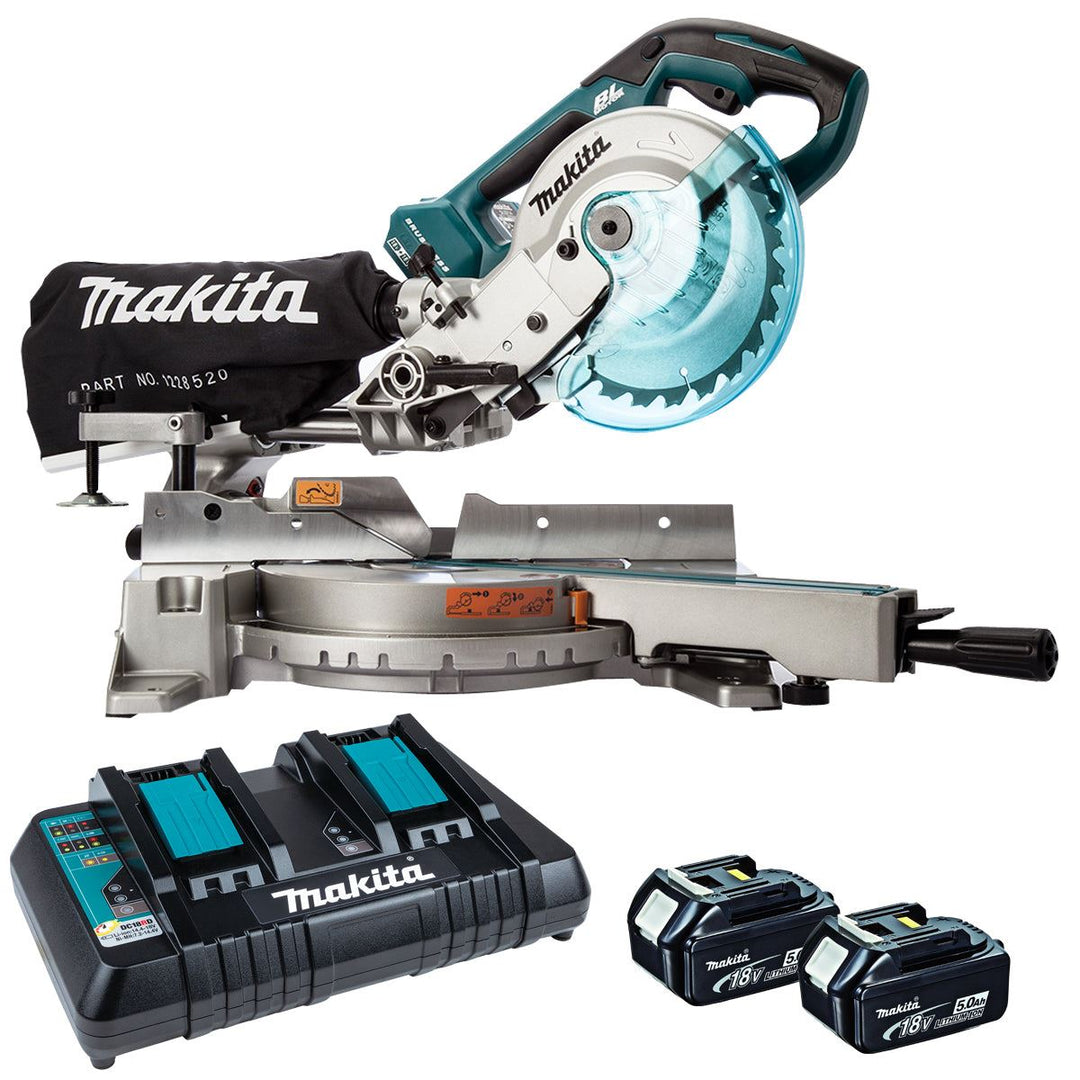 Makita DLS714NZ 36V LXT Brushless 190mm Slide Mitre Saw With 2 x 5.0Ah Batteries &amp; Twin Port Charger