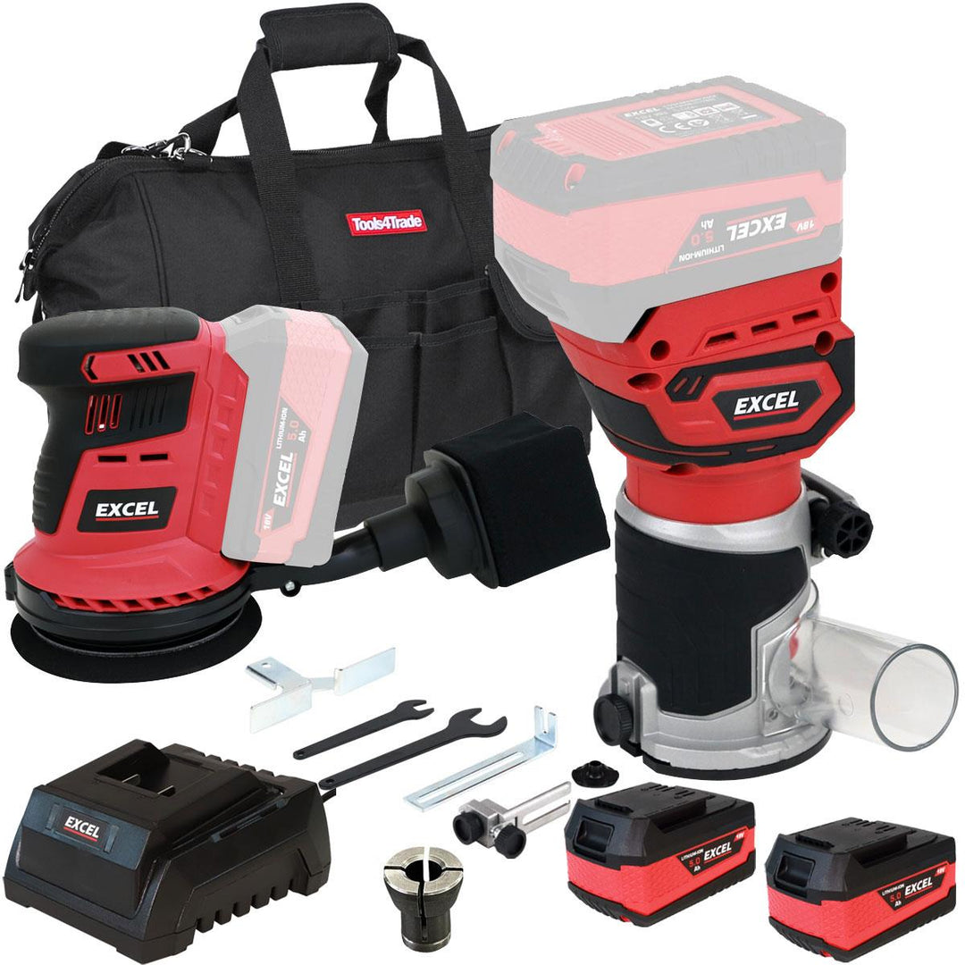 Excel 18V 1/4" Router Trimmer + 125mm Rotary Sander with 2 x 5.0Ah Battery Charger & Bag
