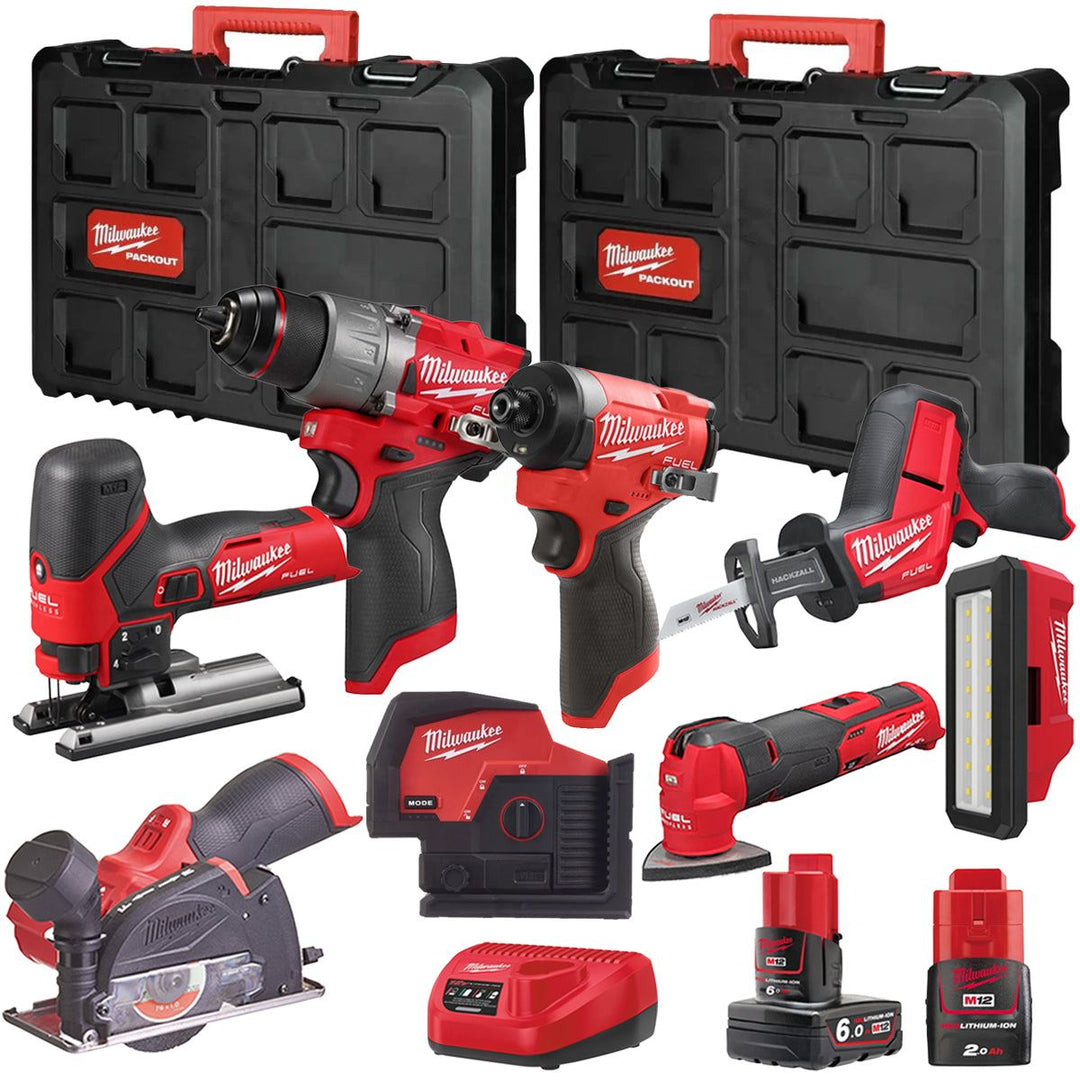 Milwaukee M12FPP7B2-640P 12V Fuel 8 Piece Powerpack Tool Kit with 1 x 6.0Ah & 2.0Ah Batteries, Charger & Case
