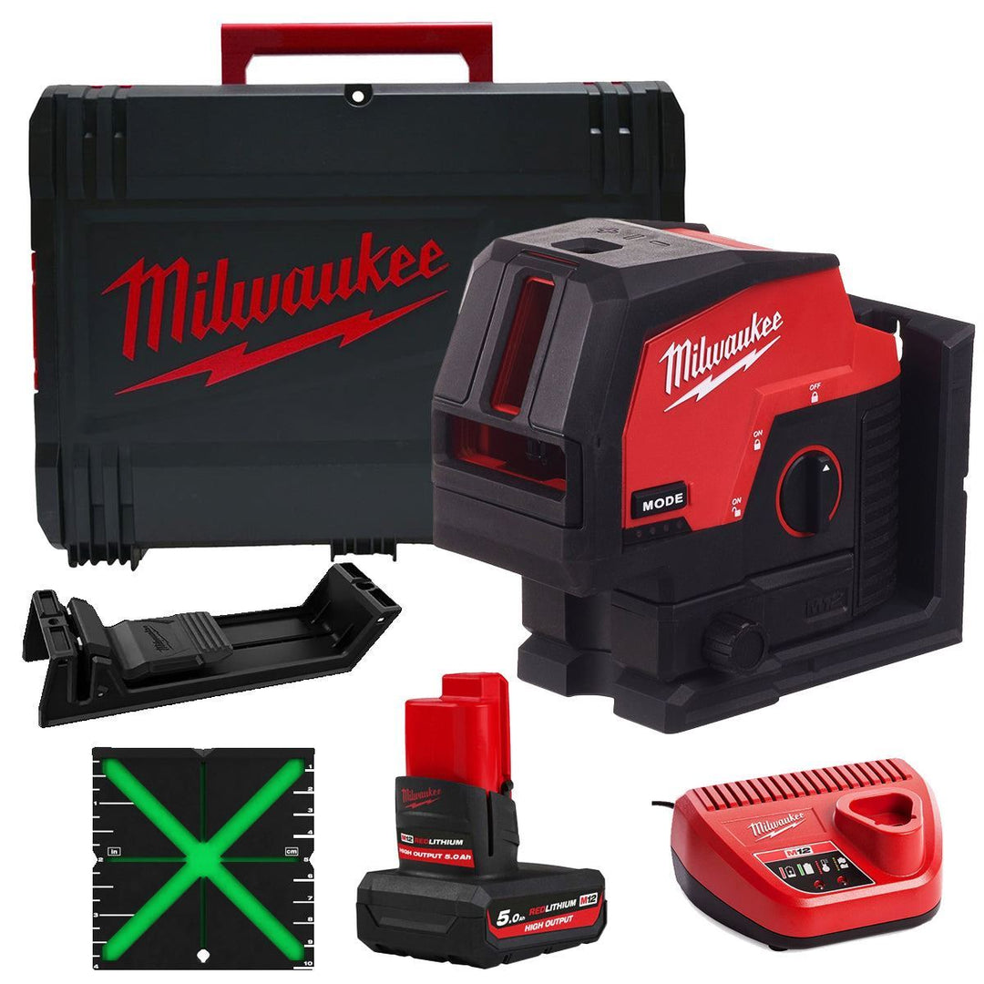 Milwaukee M12CLLP-0 12V Green Cross Line 2 Plane Laser 360° with 1 x 5.0Ah Battery Charger & Case