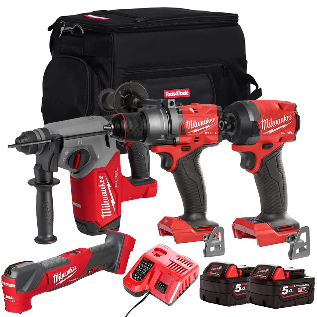 Milwaukee M18FPP9Z-502B 18V Brushless 4 Piece Power Tool Kit With 2 x 5.0Ah Batteries Charger & Bag