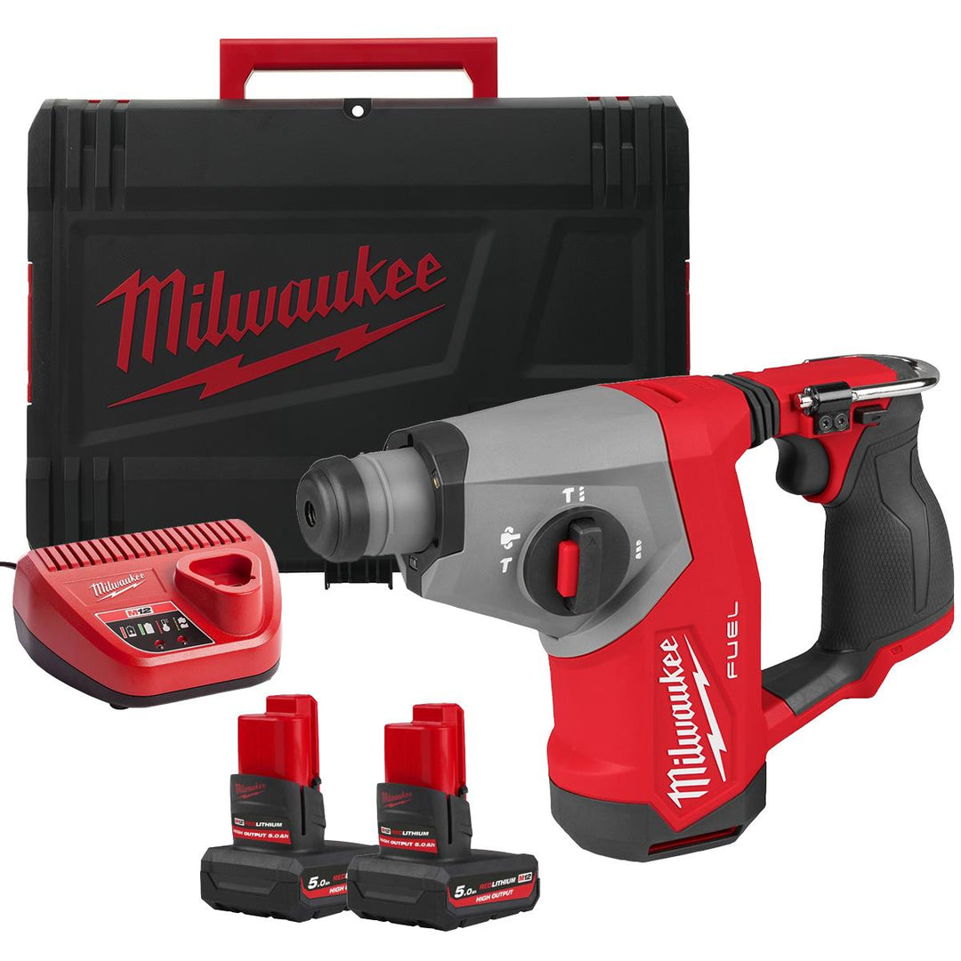Milwaukee M12FHAC16-502X 12V Brushless 16mm SDS+ Hammer Drill with 2 x 5.0Ah Battery Charger & Case 4933499186