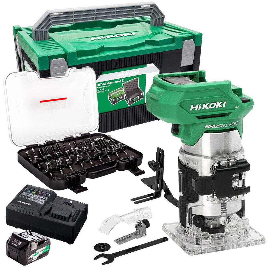 Hikoki M1808DAJ2Z 18V 1/4" Brushless Router Trimmer with 1 x 2.5Ah/5.0Ah Battery Charger & 35 Piece Cutter Set