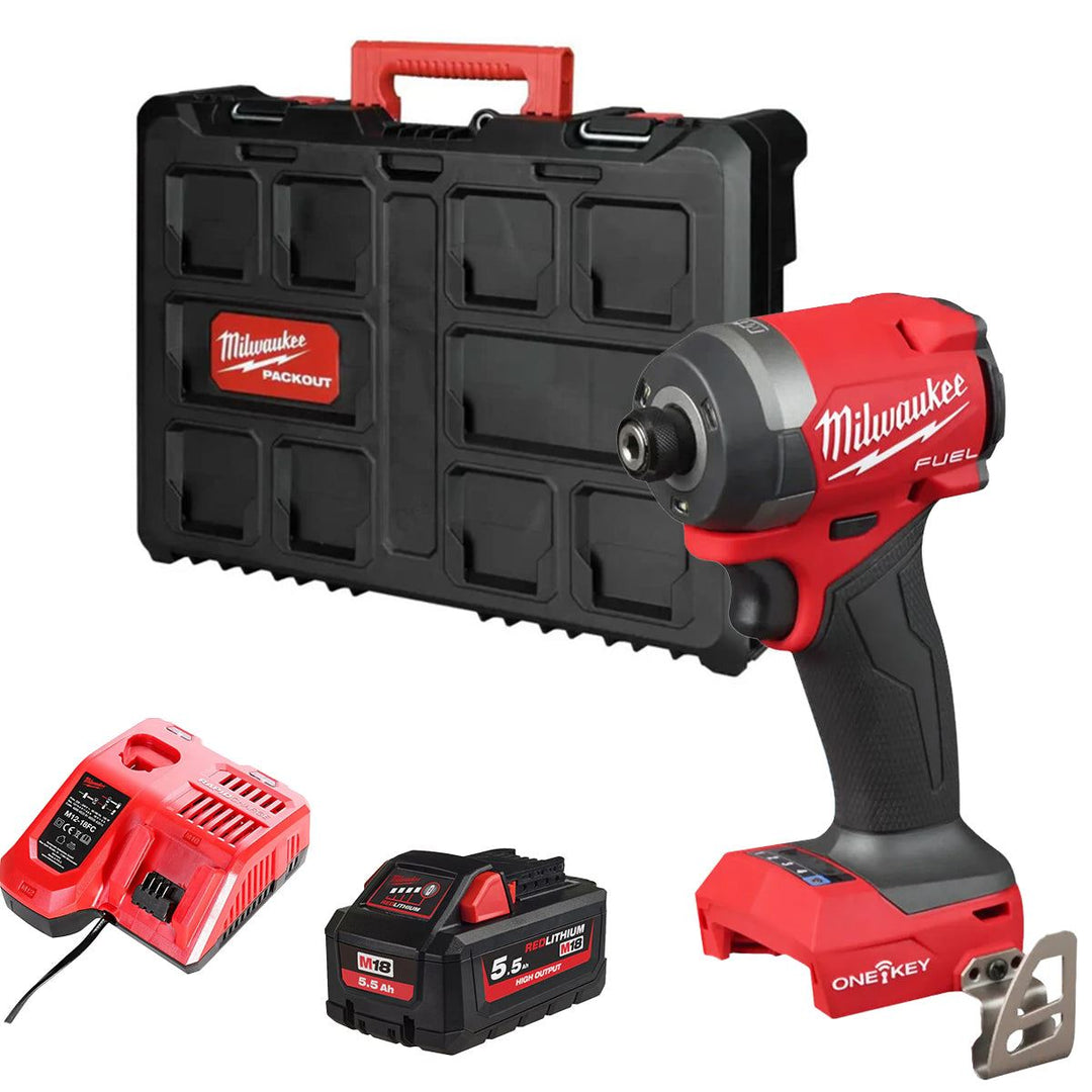 Milwaukee M18ONEID3-0X 18V FUEL ONE-KEY Brushless 1/4" Impact Driver with 1 x 5.5Ah Battery Charger & Empty Tool Box (Without Inlay)