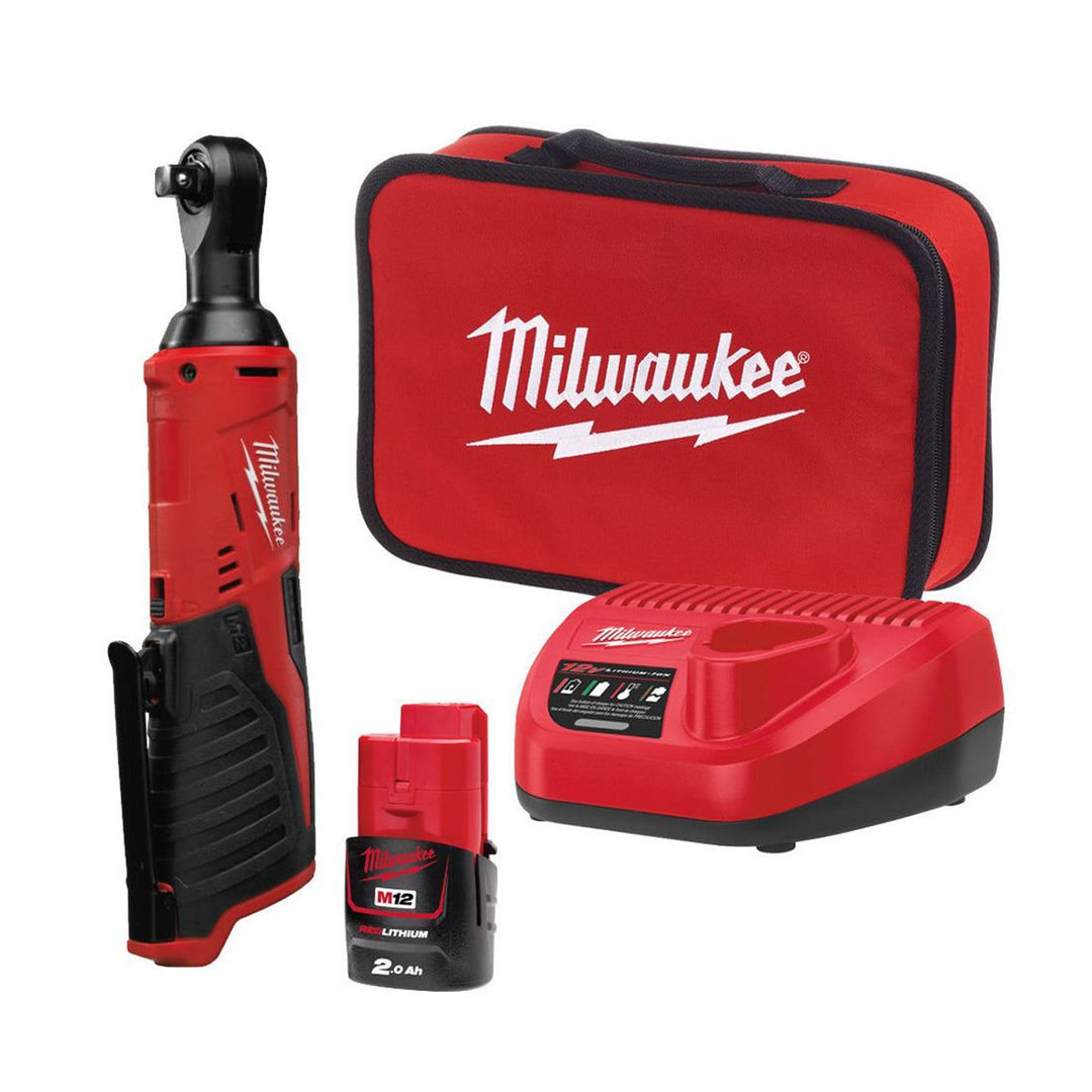 Milwaukee M12IR-201B 12V 3/8" Sub Compact Ratchet with 1 x 2.0Ah Battery Charger &amp; Bag 4933448110