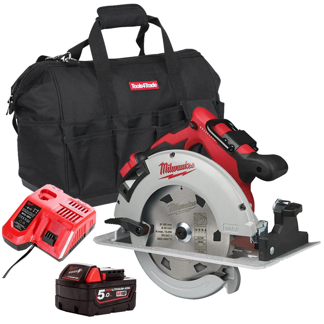 Milwaukee M18BLCS66-0 18V Brushless 190mm Circular Saw with 1 x 5.0Ah Battery Charger &amp; Bag