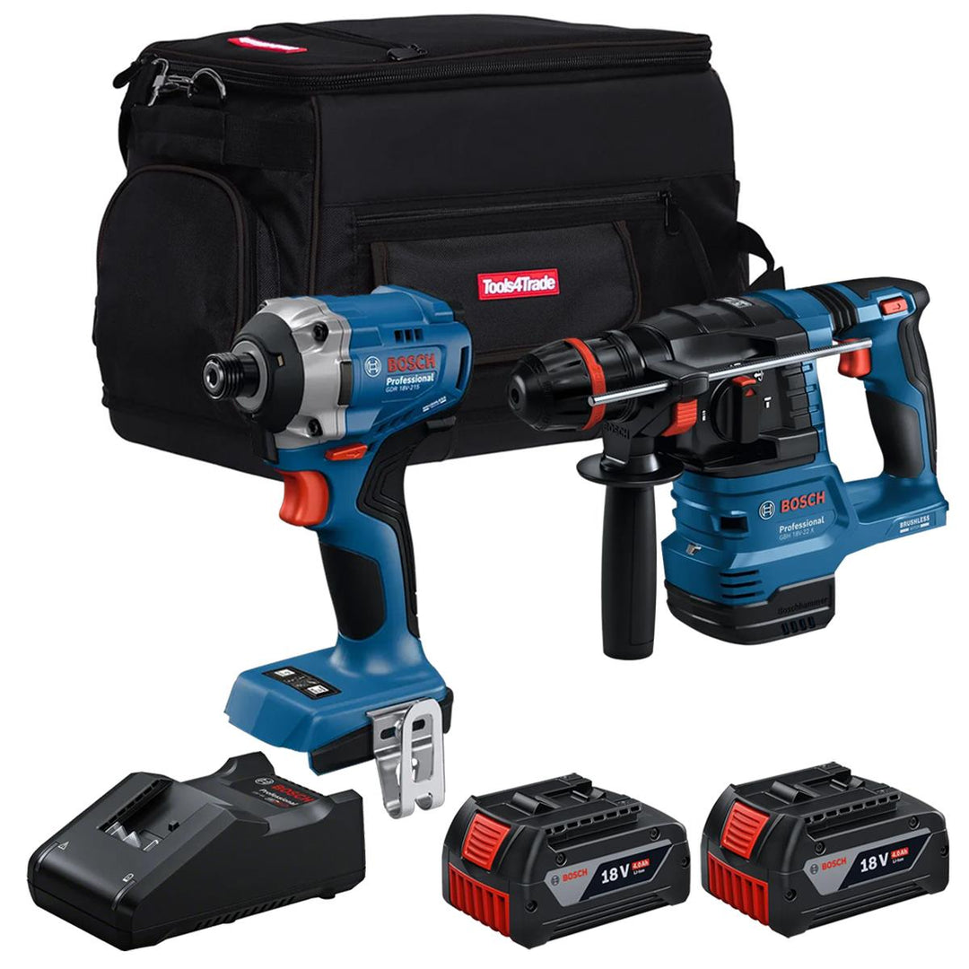 Bosch 18V Brushless Hammer Drill & Impact Driver with 2 x 4.0Ah Battery Charger & Bag T4TKIT-28117