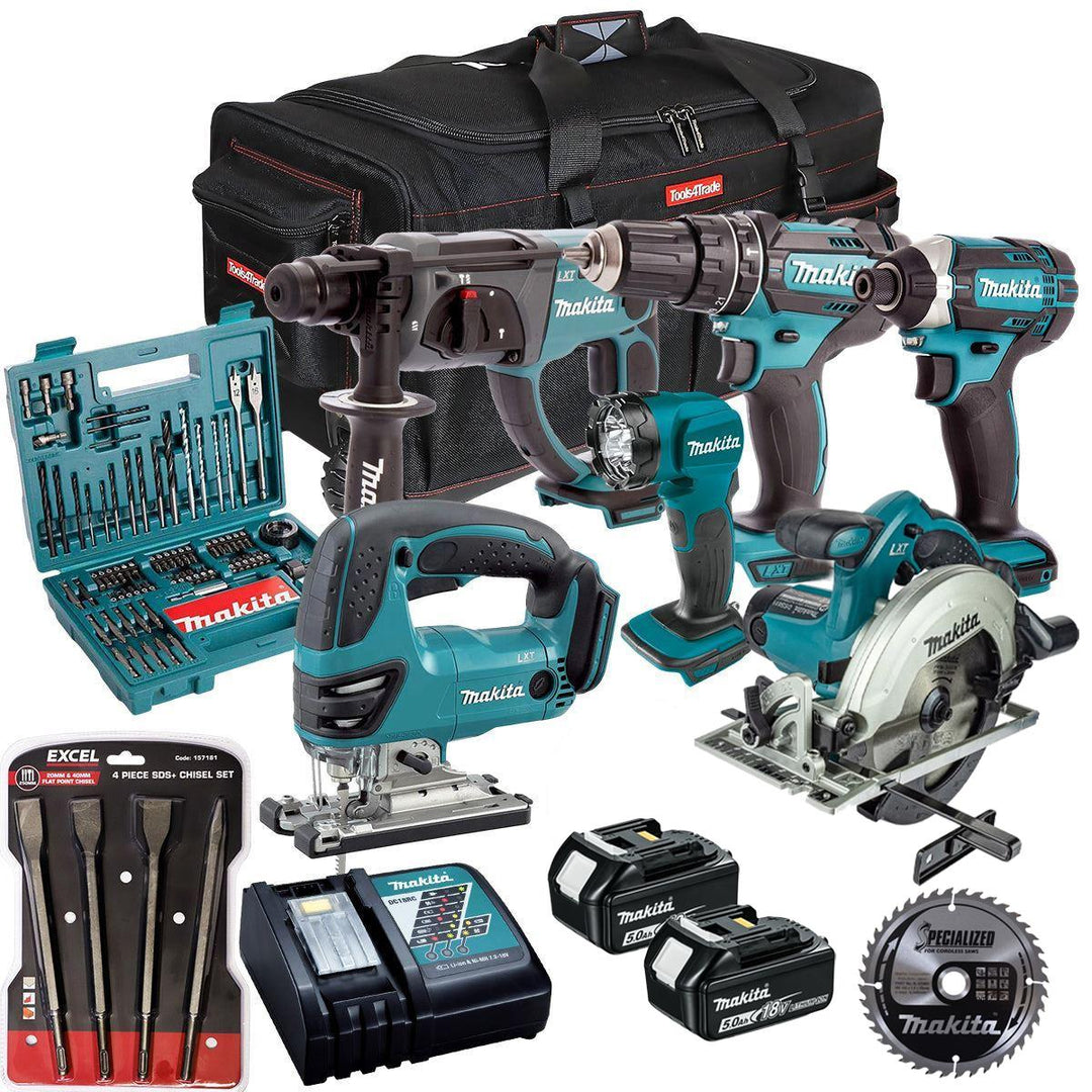 Makita 18V 6 Piece Combo Kit with 2 x 5.0Ah Battery Charger & Accessories Set T4TKIT-17214