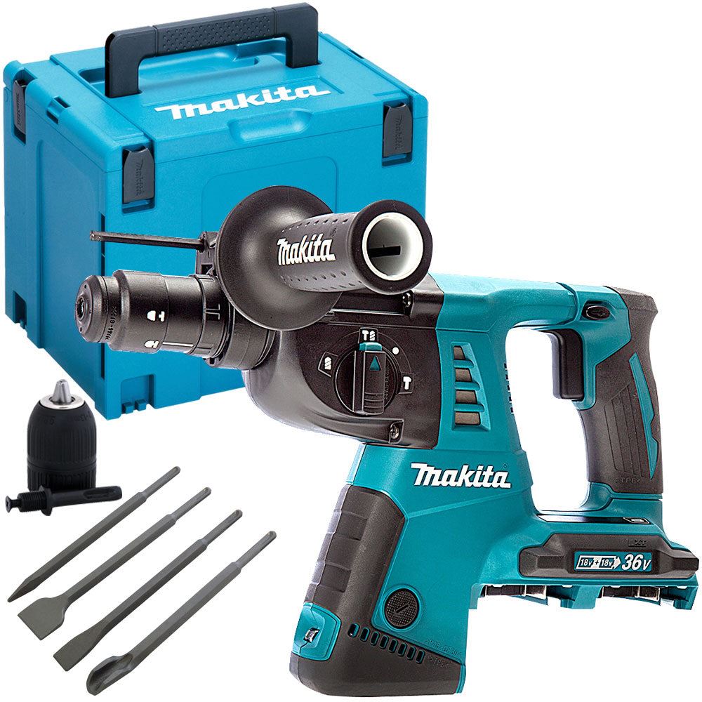 Makita DHR264ZJ 36V LXT SDS+ Rotary Hammer Drill With 4 Piece Chisel Set + Keyless Chuck