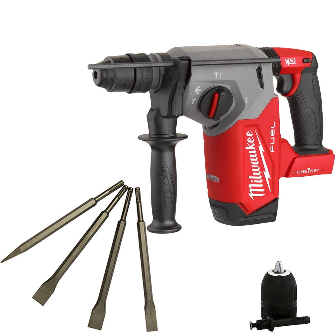Milwaukee M18ONEFHX-0 18V Brushless 4-Mode 26mm SDS-Plus Hammer Drill with 4 Piece Chisel Set & Chuck
