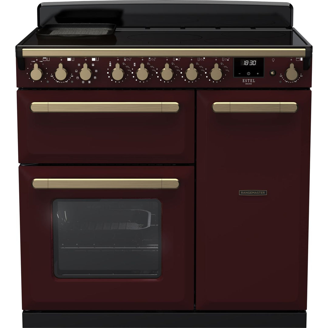 Rangemaster Estel Deluxe ESDL90EIPBOR/AB1 90cm wide Electric Range Cooker with Induction Hob - Bordeaux / Antique Brass