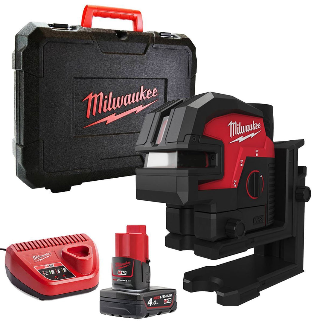 Milwaukee M12CLL4P-0C 12V Cross Line Laser with 1 x 4.0Ah Battery Charger & Case