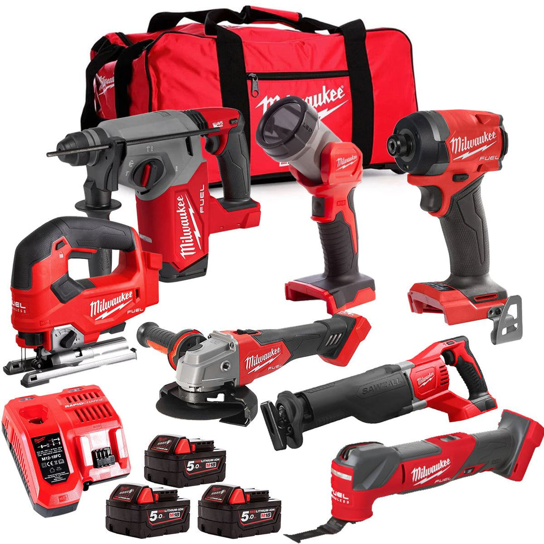 Milwaukee M18FPP6L3-503BK3 18V Brushless 7 Piece Tool Kit with 3 x 5.0Ah Batteries Charger & Wheeled Bag
