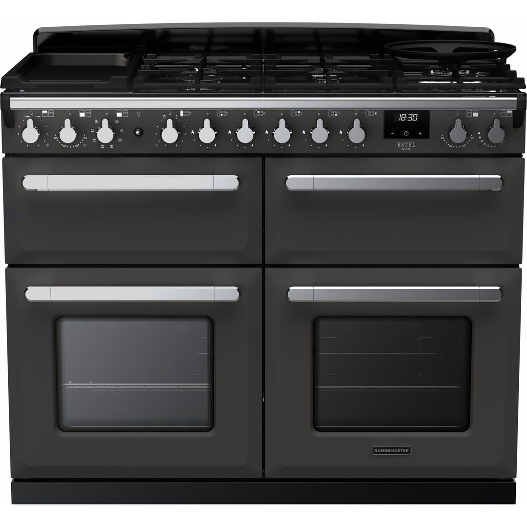 Rangemaster Estel Deluxe ESDLB110DFPSLT/AB1 110cm wide Dual Fuel Range Cooker with Gas Hob - Slate / Antique Brass