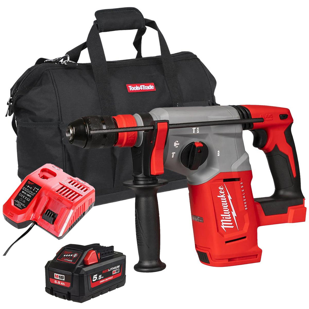 Milwaukee M18BLHX-0 18V Brushless 4-Mode SDS+ Hammer Drill With 1 x 5.5Ah Battery Charger & Bag