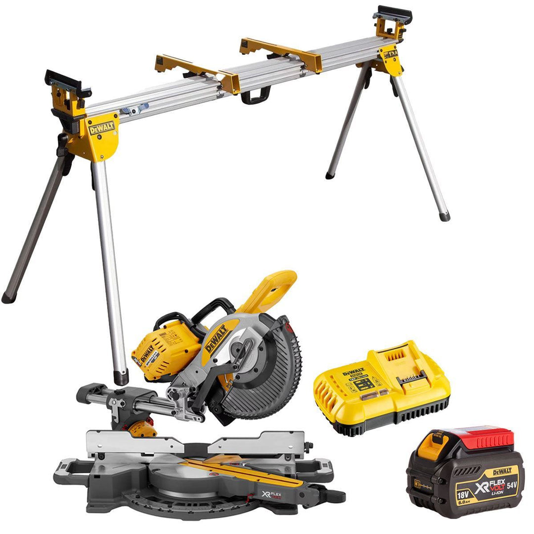 Dewalt DCS727N 54V XR FlexVolt Brushless Slide Mitre Saw with 1 x 6.0Ah Battery Charger & Universal Leg Stand