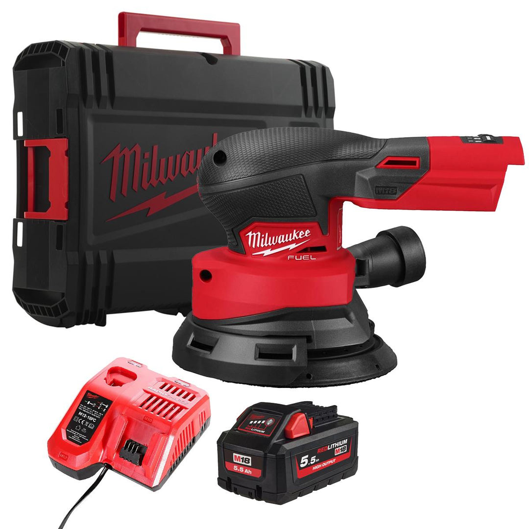 Milwaukee M18FROS125-0X 18V M18 Brushless Random Orbital Sander with 1 x 5.5Ah Battery Charger & Case