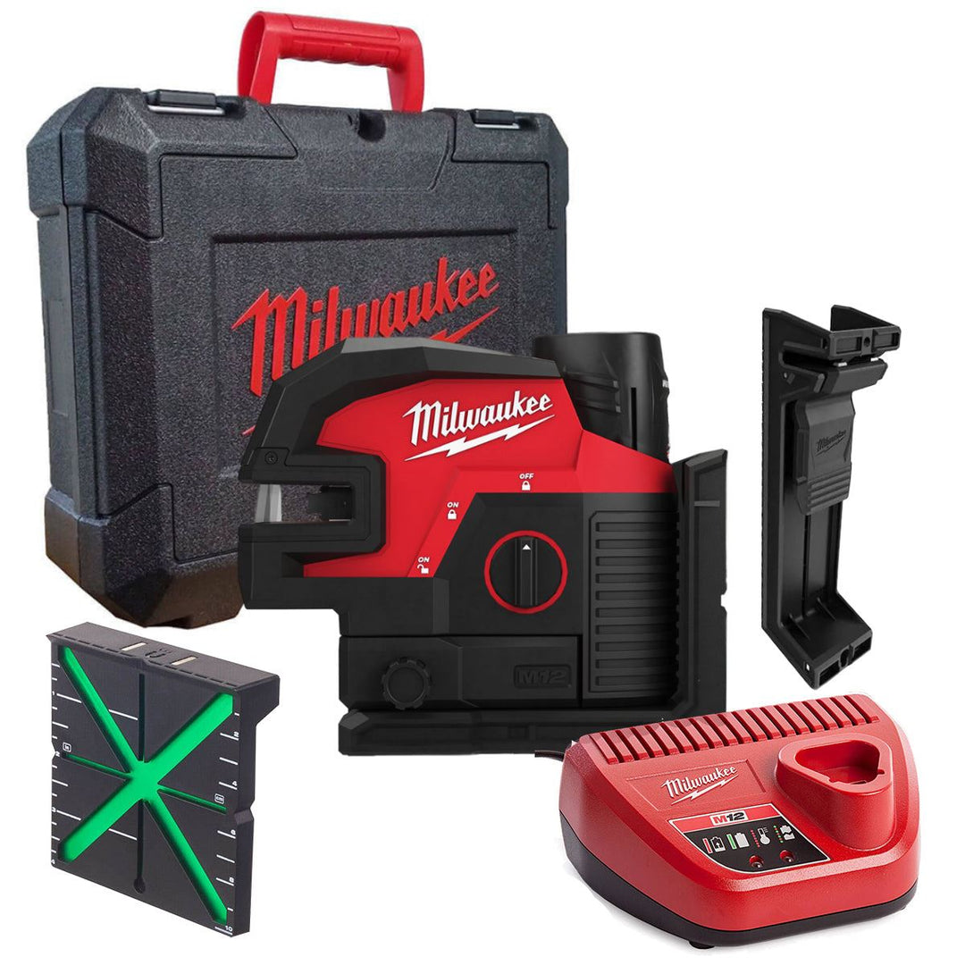 Milwaukee M12CLL4P-301C 12V 4 Points Green Cross Line Laser with 1 x 3.0Ah Battery, Charger &amp; Case 4933479204
