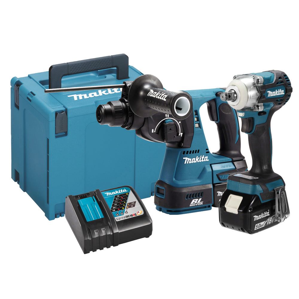 Makita DLX2372TJ 18V LXT Impact Wrench & Rotary Hammer Combo Kit With 2 x 5.0Ah Batteries, Charger In Case