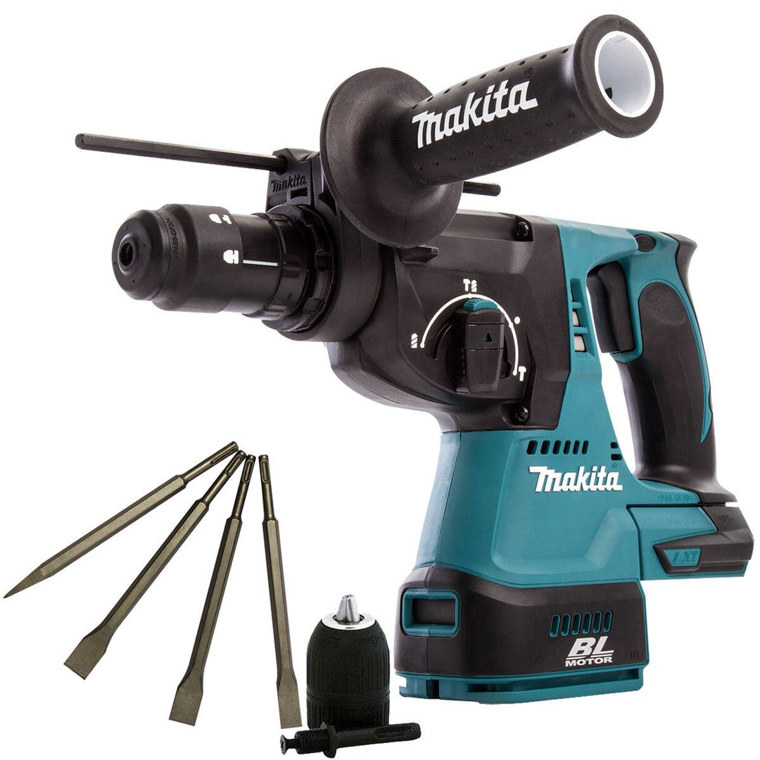 Makita DHR243Z 18V LXT Brushless 24mm SDS+ Rotary Hammer Drill With 4 Piece Chisel Set + Keyless Chuck