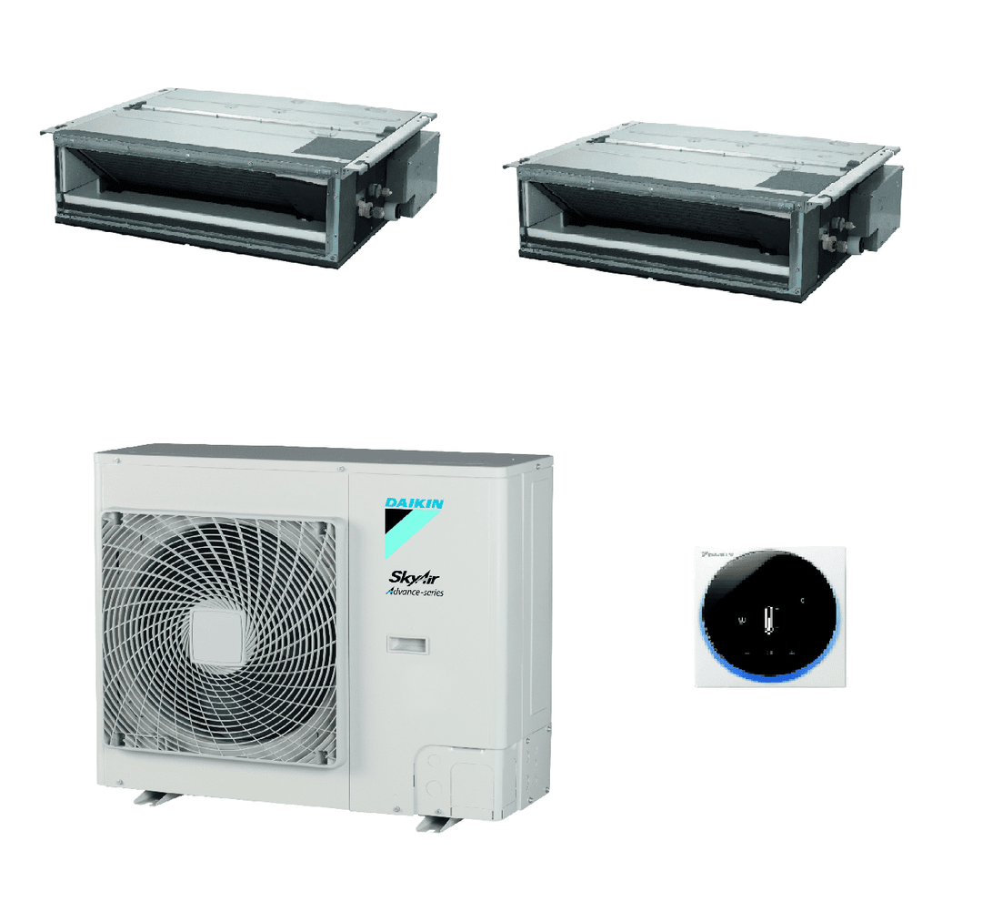 Daikin Air conditioning 2 x FDXM50F + RZAG100NV1 Twin Slim Ducted Heat pump 10Kw/34000Btu A++ R32 1P