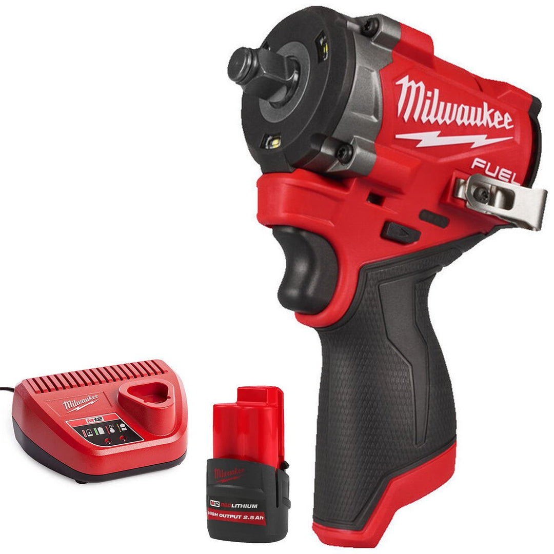 Milwaukee M12FCIWF12G3-0 12V Brushless 1/2" Compact Impact Wrench with 1 x 2.5Ah Battery &amp; Charger