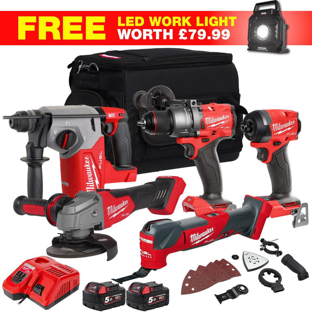 Milwaukee M18FPP4T3-552BWLF7 18V 6 Piece Brushless Power Tool Kit with 2 x 5.0Ah Batteries & Charger