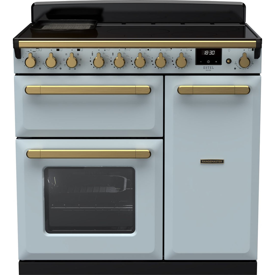 Rangemaster Estel Deluxe ESDL90EIPMSB/AB1 90cm wide Electric Range Cooker with Induction Hob - Misty Blue / Antique Brass