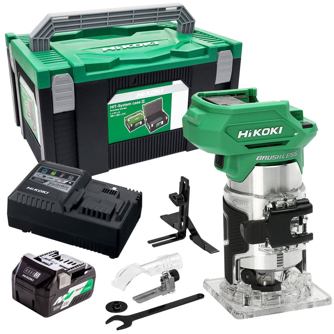 Hikoki M1808DAJ2Z 18V 1/4" Brushless Router Trimmer with 1 x 2.5Ah/5.0Ah Battery & Charger