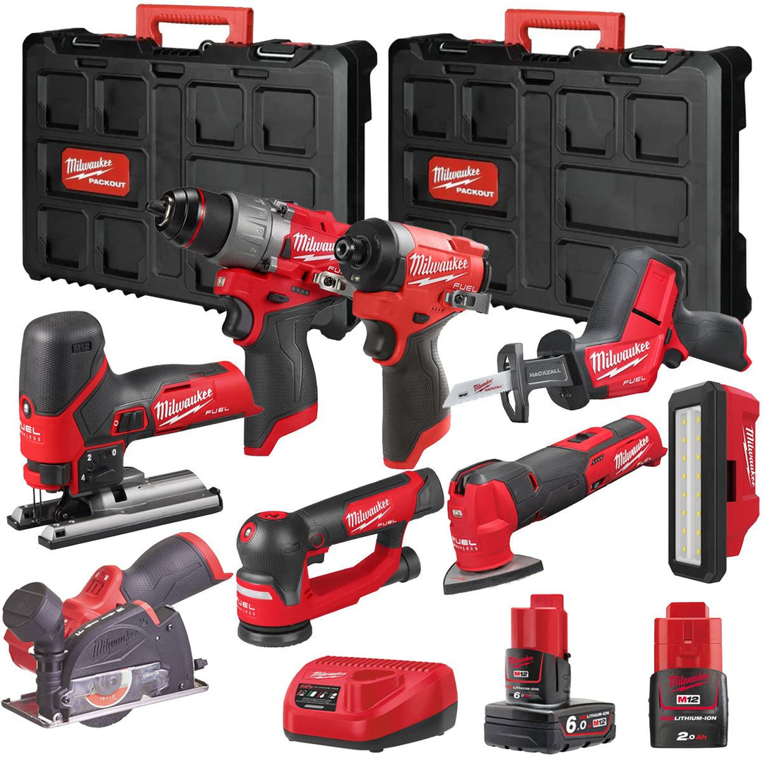 Milwaukee M12FPP7B2-625P 12V Fuel 8 Piece Powerpack Tool Kit with 1 x 6.0Ah & 2.0Ah Batteries, Charger & Case