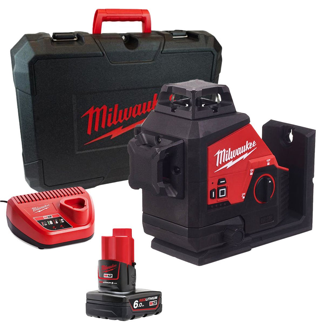 Milwaukee M123PL-0C 12V 360° 3-Plane Green Laser with 1 x 6.0Ah Battery Charger & Case