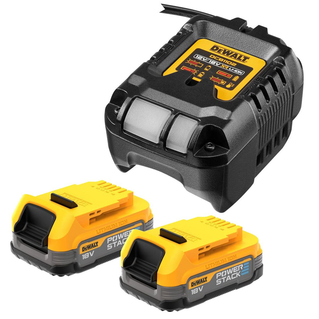 Dewalt DCB1102E2 18V Compact Powerstack Battery & Charger Starter Set Essential Power for Tools
