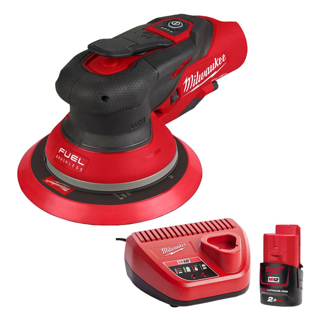 Milwaukee M12FROS5-0 12V FUEL Brushless 150mm Random Orbit Sander with 1 x 2.0Ah Battery & Charger