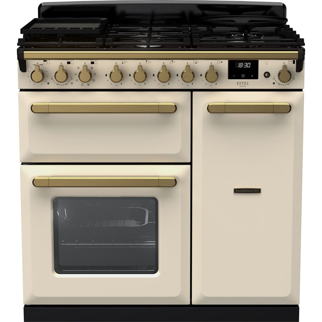 Rangemaster Estel Deluxe ESDL90DFPPCR/AB1 90cm wide Dual Fuel Range Cooker with Gas Hob - Cream / Antique Brass