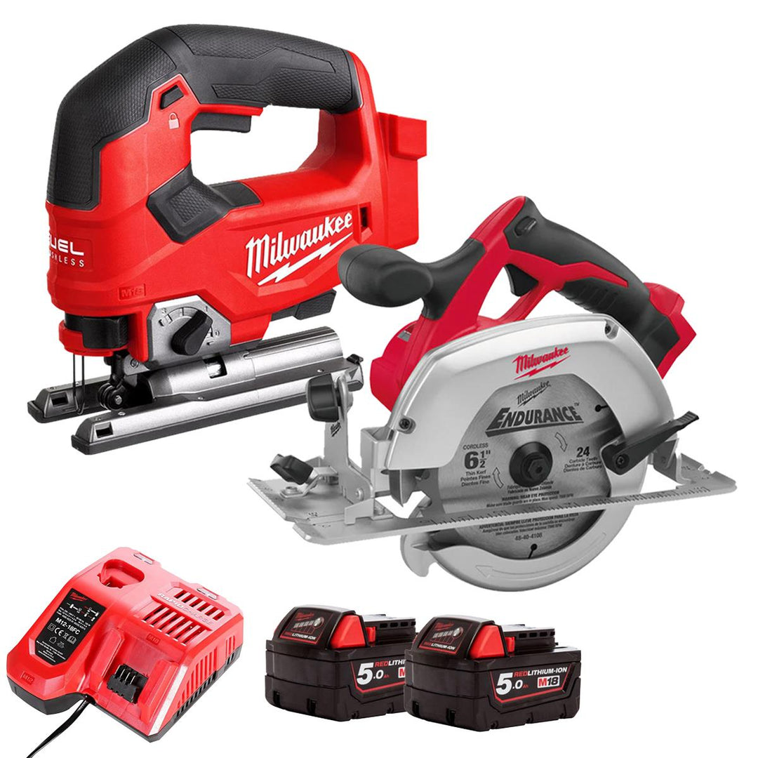 Milwaukee 18V Twin Pack Brushless 165mm Circular Saw + Jigsaw with 2 x 5.0Ah Battery & Charger