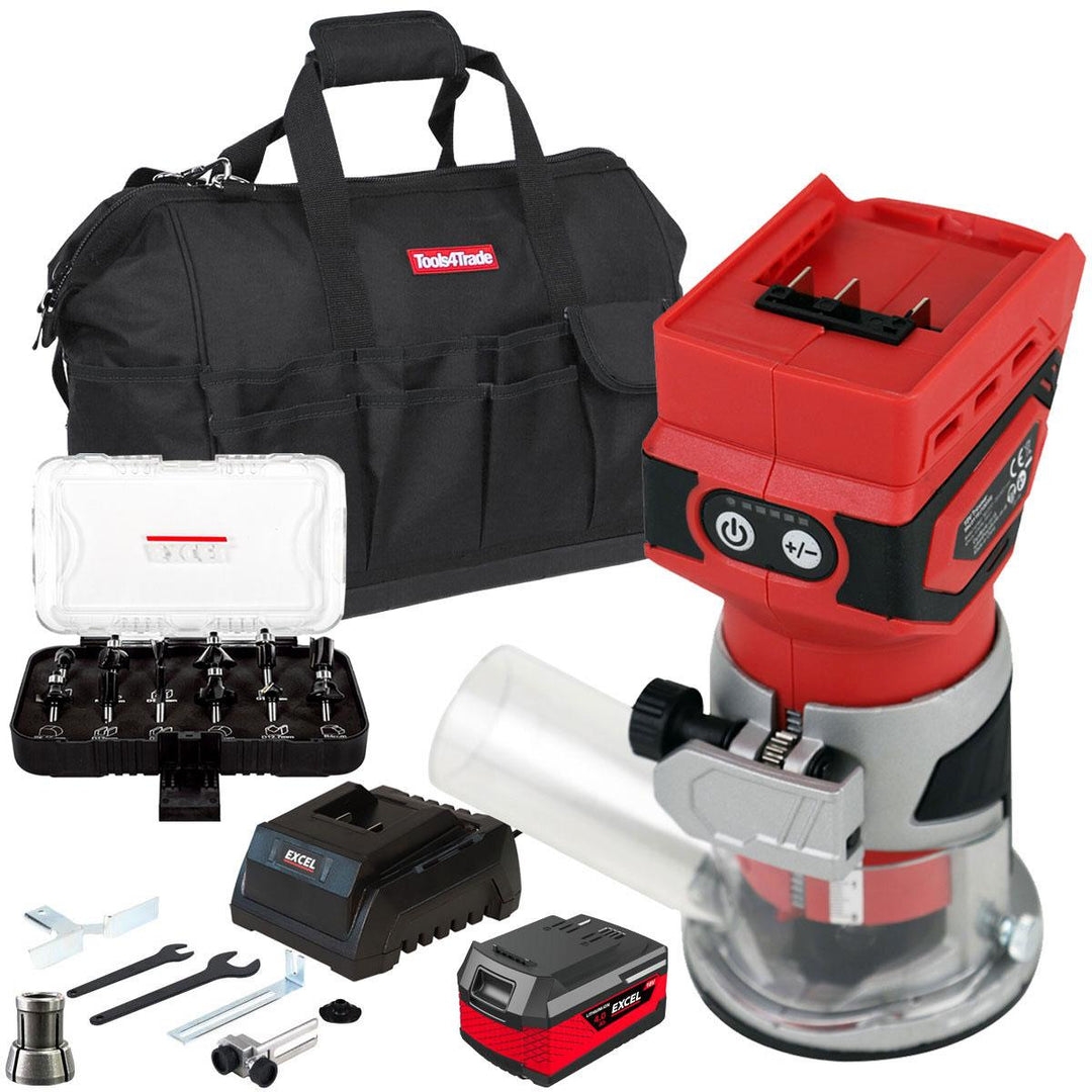 Excel 18V 1/4" Router Trimmer with 1 x 4.0Ah Battery Fast Charger, Bag & 12 Piece Cutter Set