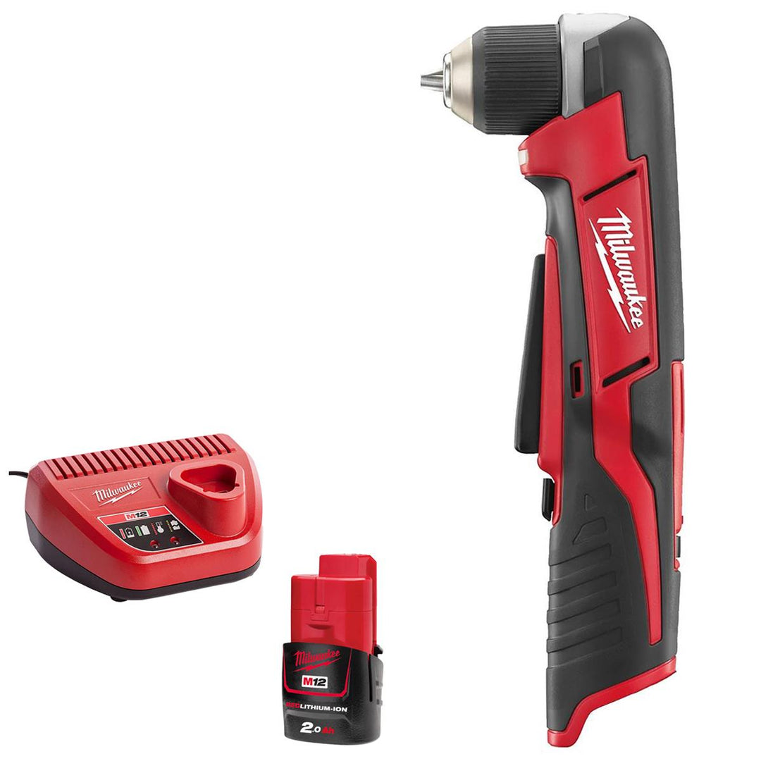 Milwaukee C12RAD-0 12V Sub Compact Right Angle Drill Body with 1 x 2.0Ah Battery & Charger