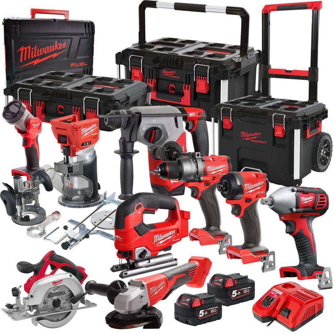 Milwaukee 18V Fuel Brushless 9 Piece Power Tool Kit With 2 x 5.0Ah Battery Charger & Trolley Toolbox
