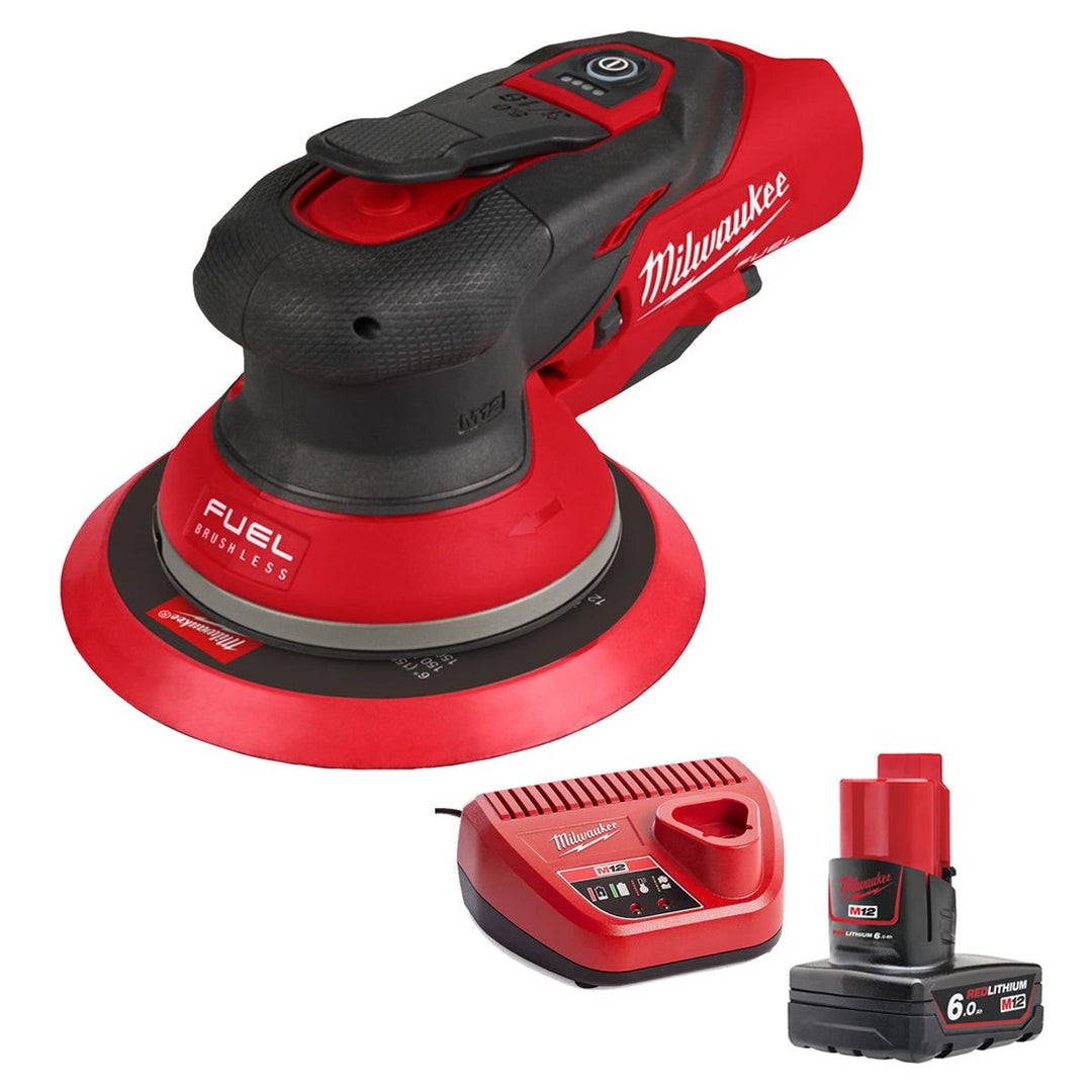 Milwaukee M12FROS5-0 12V FUEL Brushless 150mm Random Orbit Sander with 1 x 6.0Ah Battery & Charger