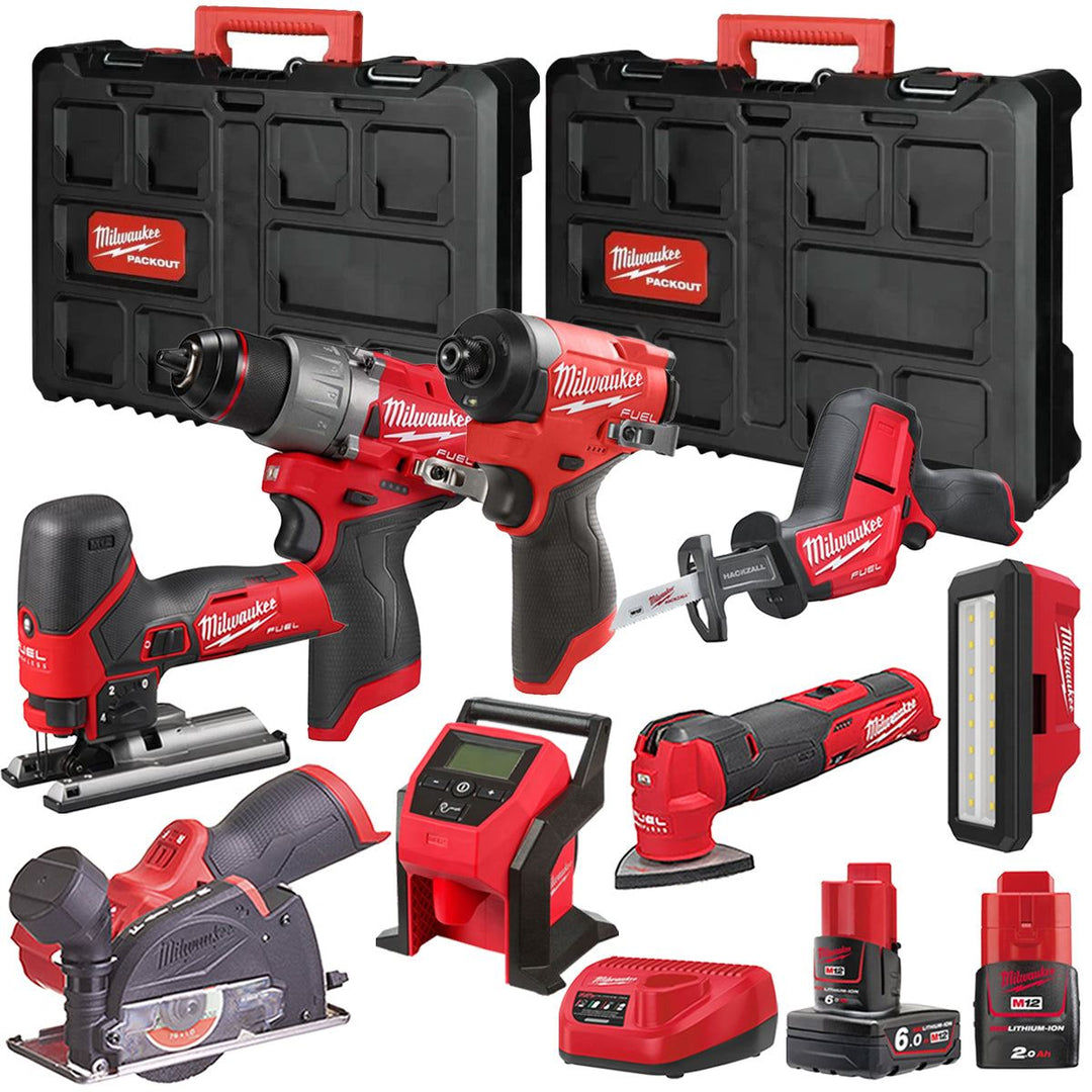 Milwaukee M12FPP7B2-654P 12V Fuel 8 Piece Powerpack Tool Kit with 1 x 6.0Ah & 2.0Ah Batteries, Charger & Case
