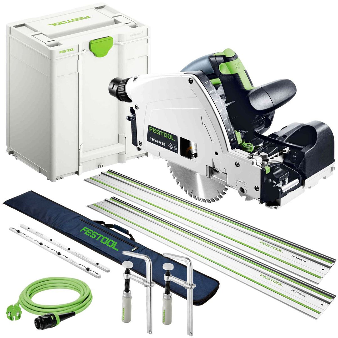 Festool TSV 60 KEBQ-Plus 230V GB Plunge-Cut Saw - 576733 With 2 x Guide Rail, Connector, Clamp & Bag