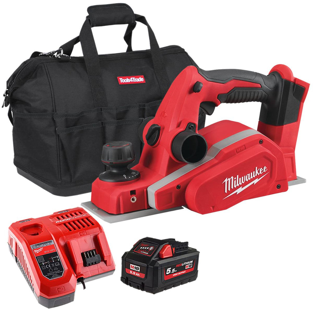 Milwaukee M18BP-0 18V Li-ion Cordless 82mm Compact Planer with 1 x 5.5Ah Battery Charger &amp; Bag
