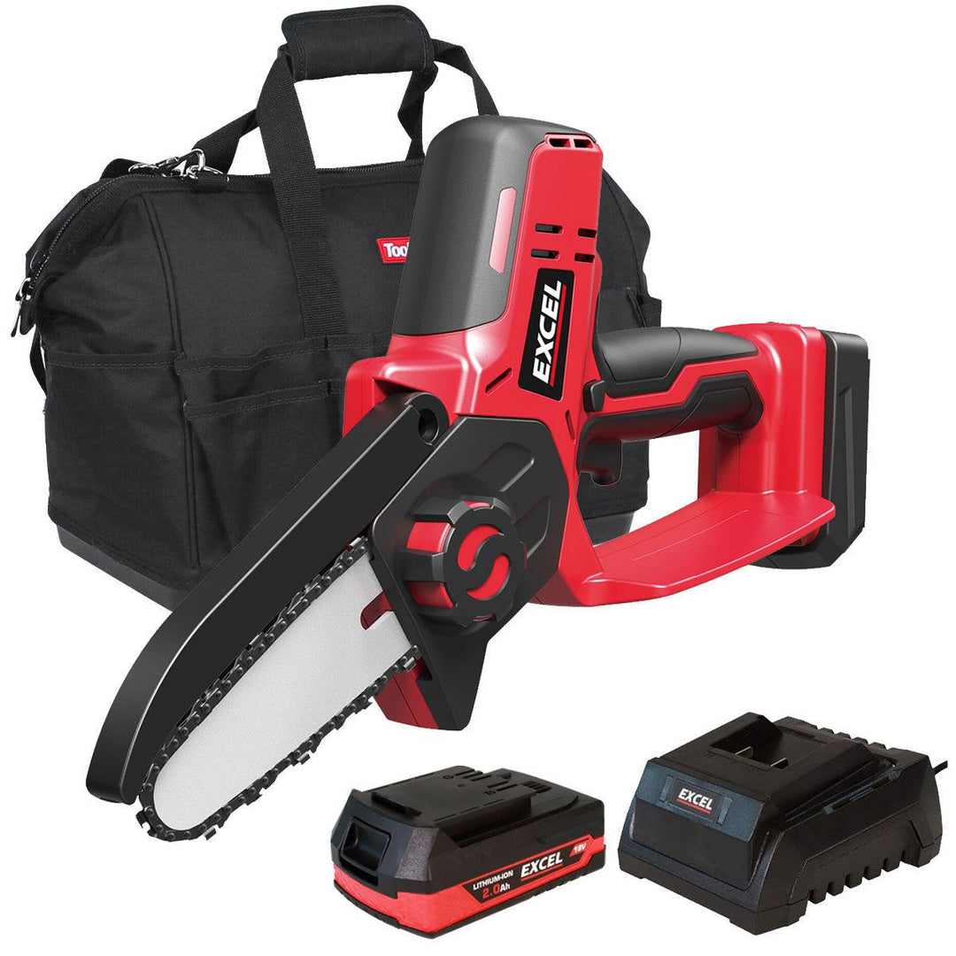 Excel 18V Cordless Mini Chain Saw with 1 x 2.0Ah Battery Charger & Bag