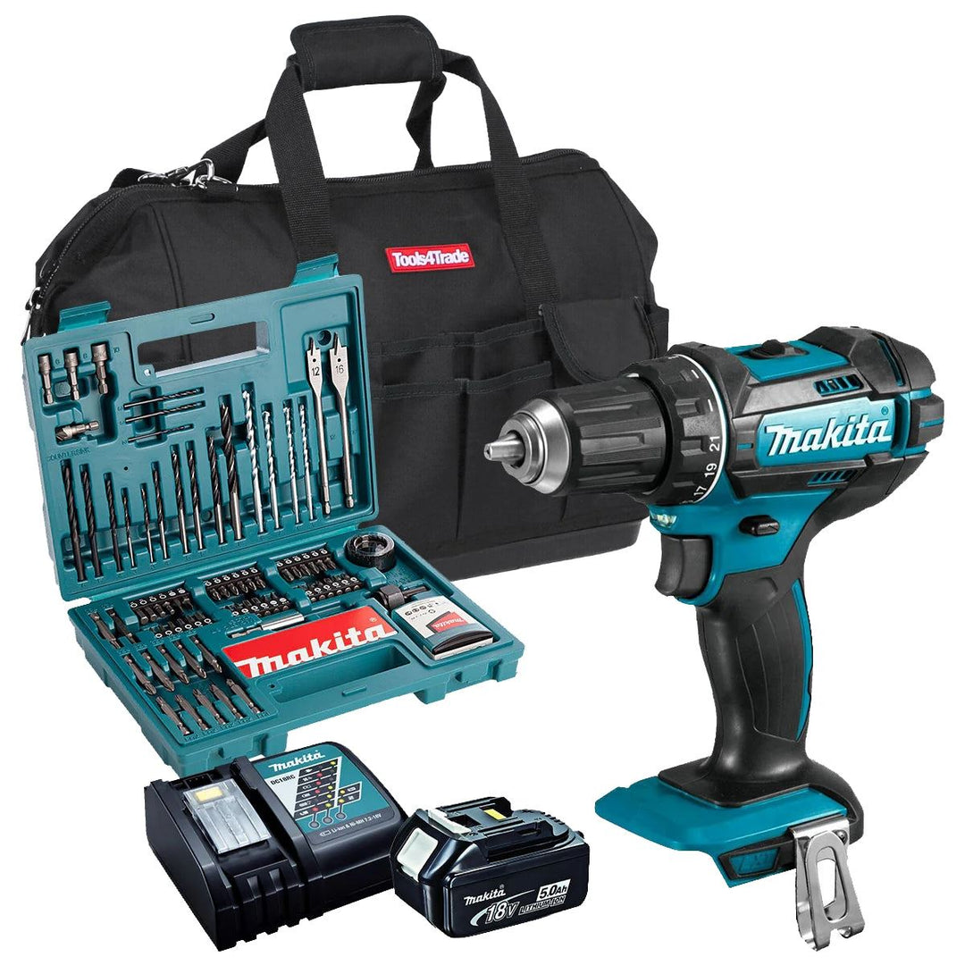 Makita DHP482Z 18V Combi Drill with 1 x 5.0Ah Battery + Charger + Accessories &amp; Tool Bag