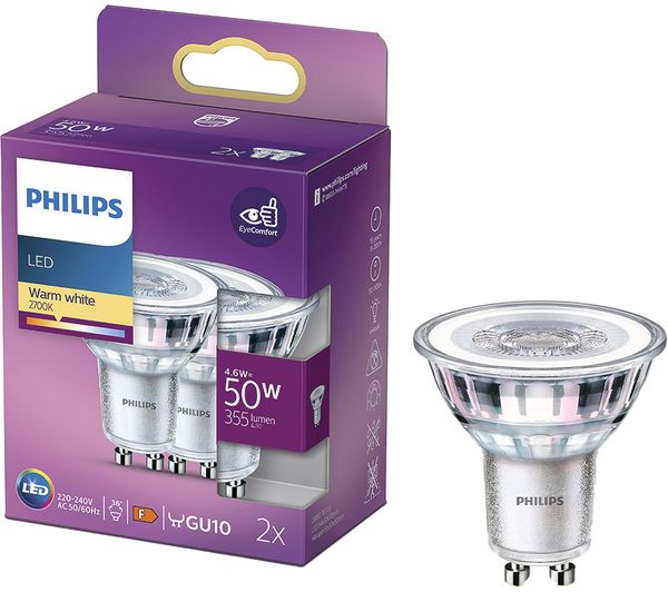 TieDex UK PHILIPS Spot LED Light Bulb - GU10, Warm White, Twin Pack