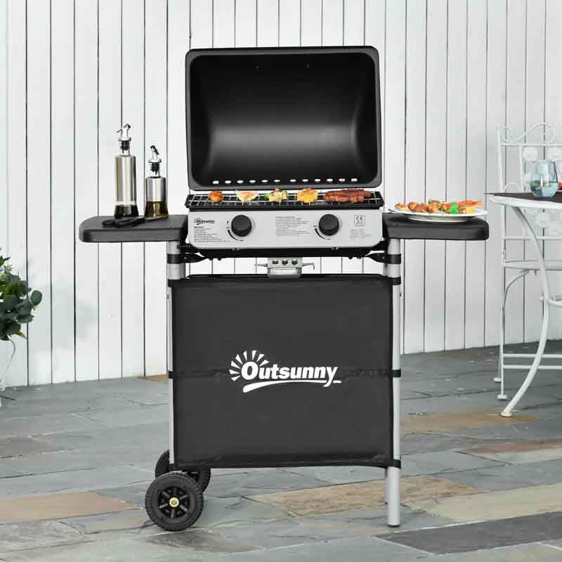 Outsunny 2 Burner Gas BBQ with Lid Grey Outdoor Barbecue Grill for Garden Patio and Balcony Cooking