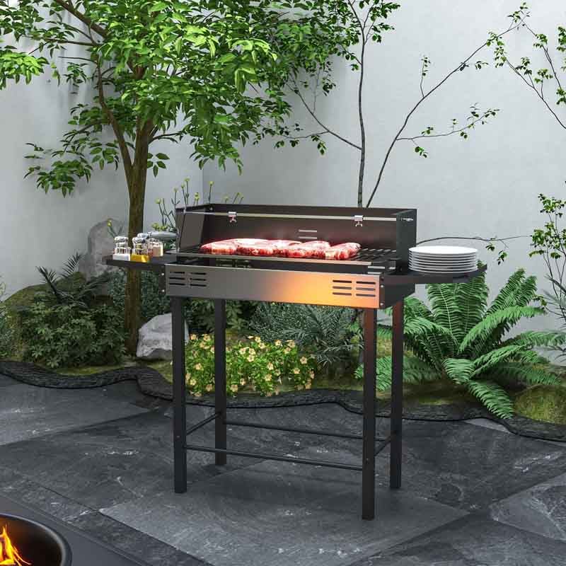 Outsunny Rotisserie Charcoal BBQ 846-075V00BK Outdoor Barbecue Grill with Spit Roast for Garden Patio