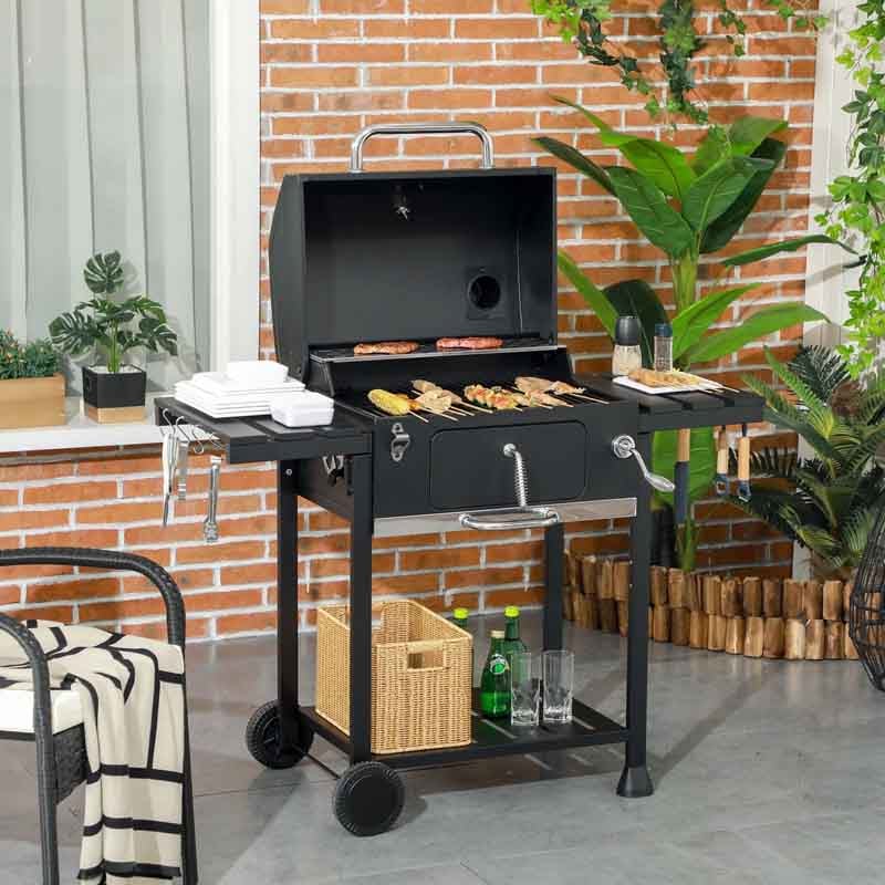 Outsunny Adjustable Charcoal BBQ with Thermometer Outdoor Grill Trolley for Garden Patio Cooking