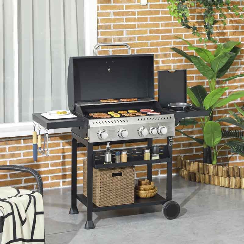 Outsunny Five Burner Steel Gas BBQ with Thermometer Outdoor Grill Trolley for Garden Patio Entertaining